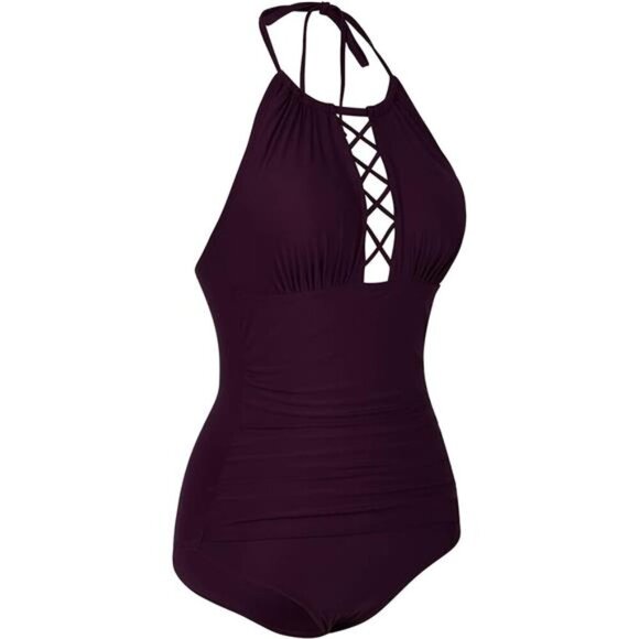 Women's High Neck Cutout One Piece Swimsuit Ruched Tummy Control Halter Swimwear - Picture 5 of 8